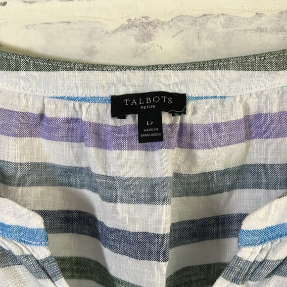 Talbots Women Linen Shirt S/S Top White Blue Stripes Coastal Stripe Petite Large - Picture 3 of 7